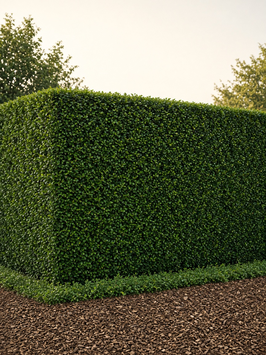 A precisely clipped green hedge with a flat top, above a bed of brown mulch.