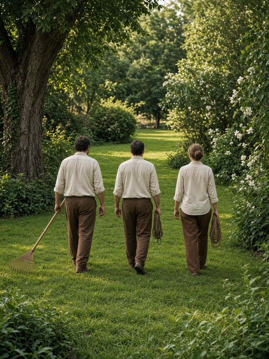 Three gardeners seen from behind, walking away across a lawn, one carrying a rake and others carrying coils of rope.