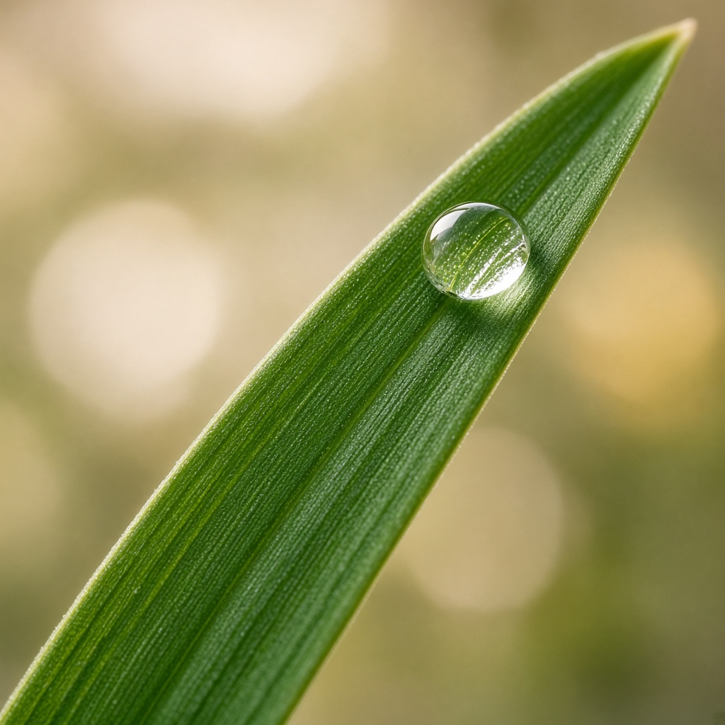 A macro photograph of a single green grass blade with one clear drop of water.
