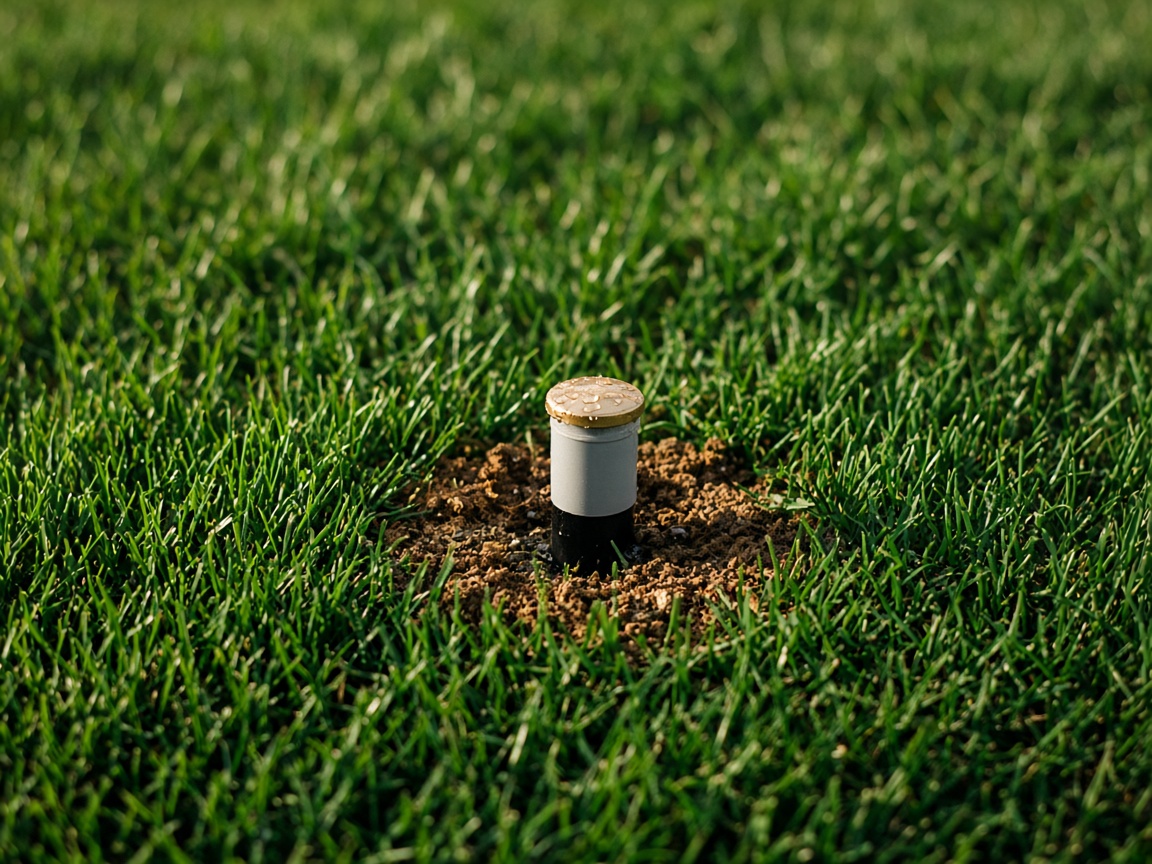 A pop-up irrigation head standing in a ring of bare soil in a green lawn.