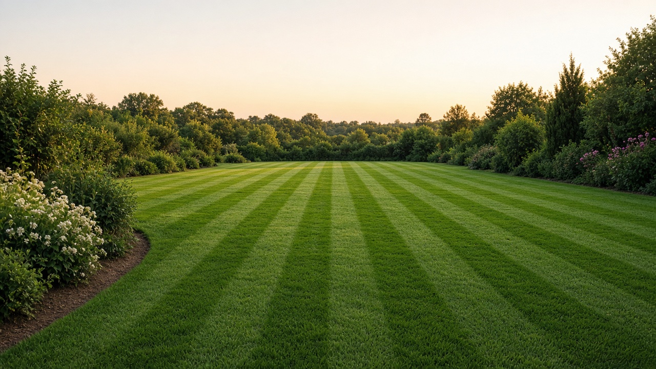 A freshly cut lawn with alternating light and dark mowing stripes, bordered by shrubs and trees.