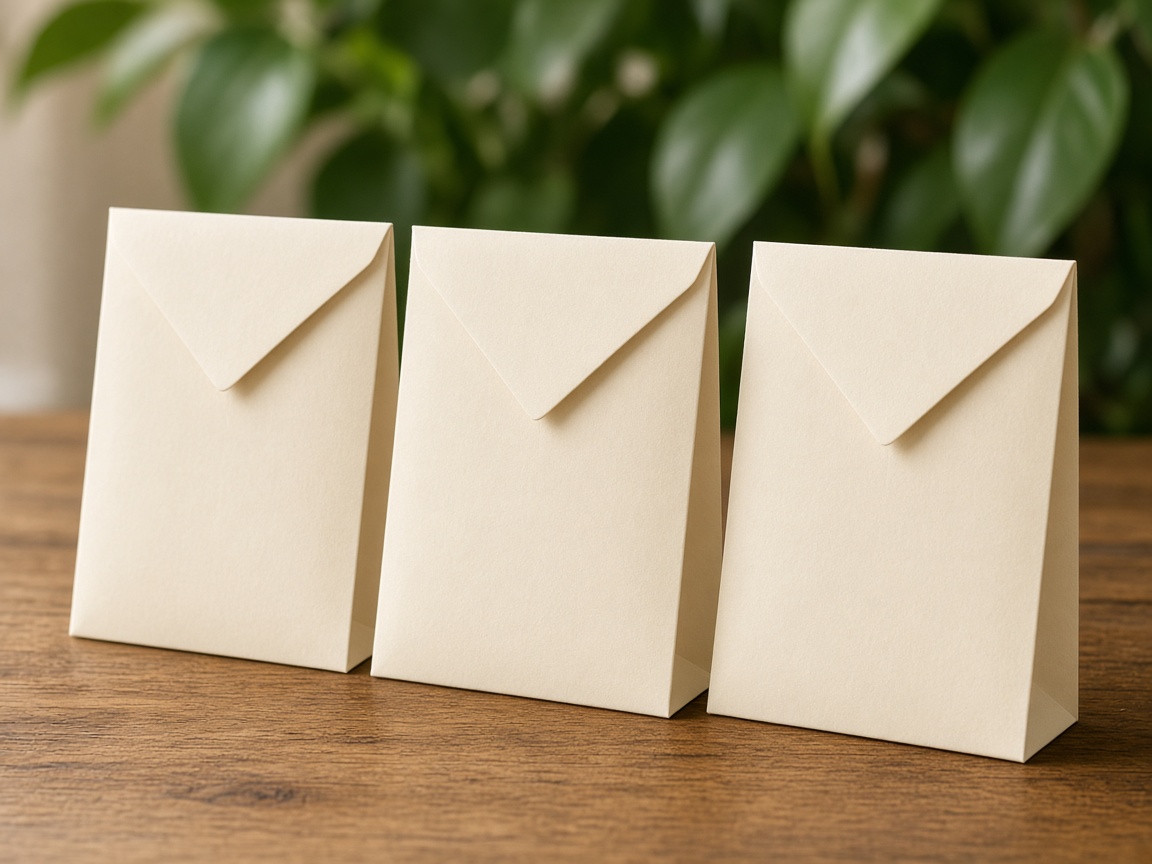 Three blank cream paper packets with no printing, standing on a wooden table.