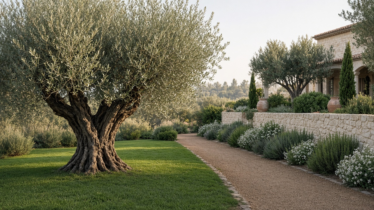 A private garden with an old olive tree, a green lawn, a gravel path, and a cream stone wall.