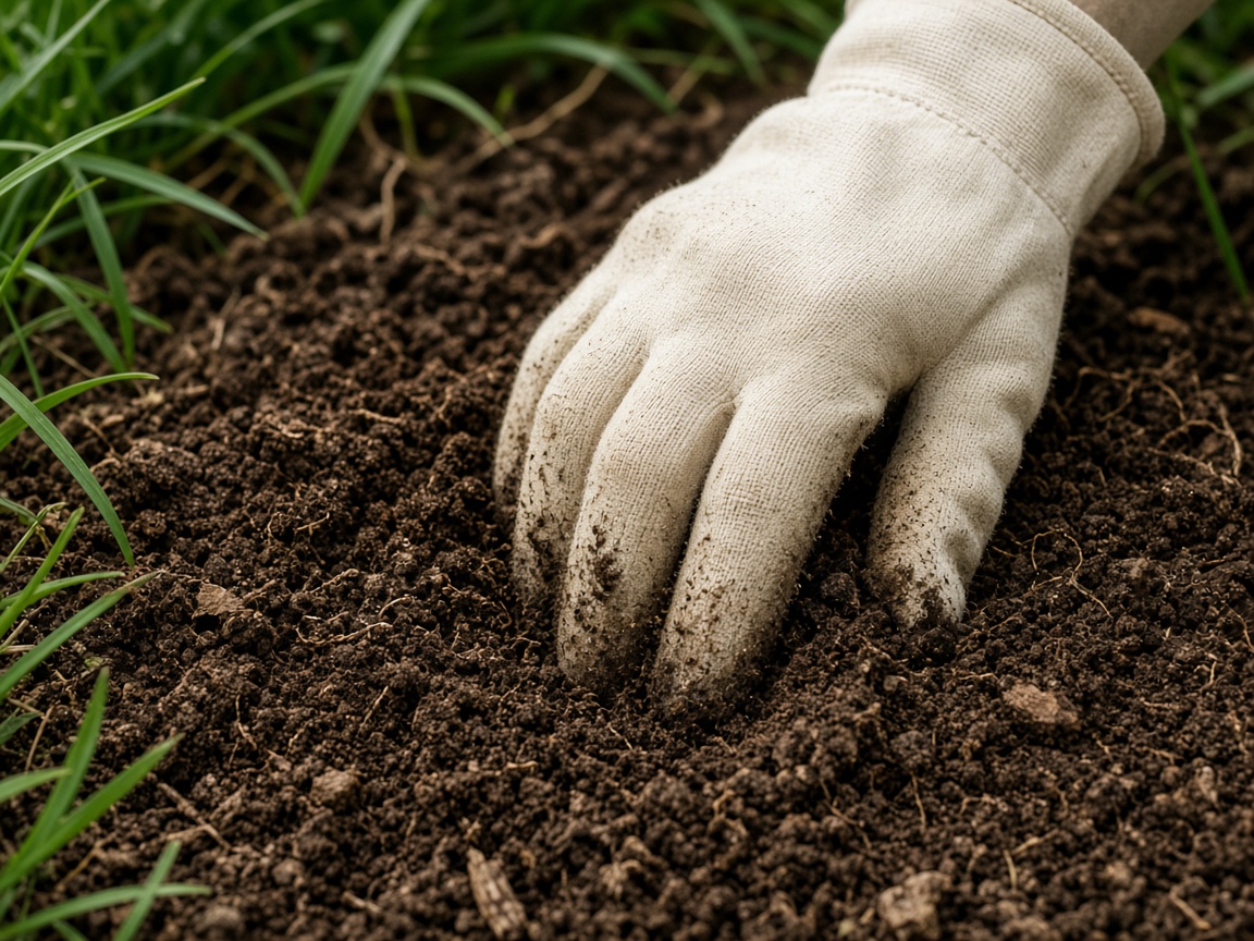 A canvas-gloved hand pressing into warm brown garden soil beside blades of grass.