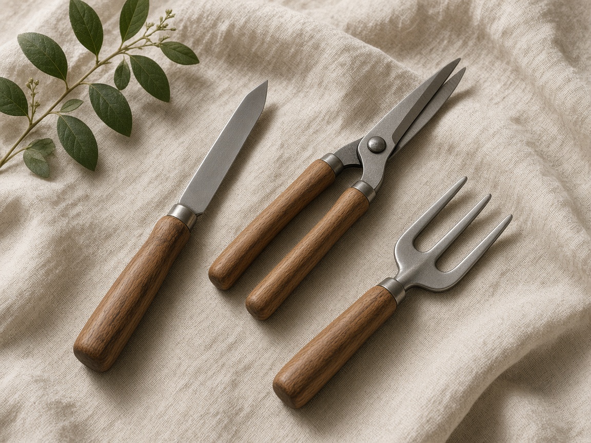 Hand tools with plain wooden handles — a knife, shears, and a fork — laid on cream linen.