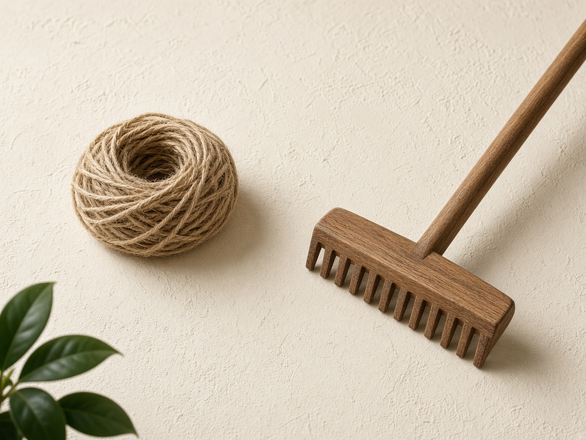 A coil of natural twine and a wooden rake on a cream plaster surface.